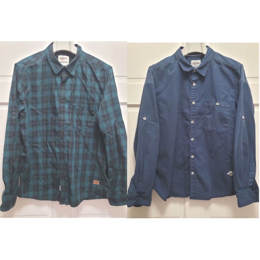 2 Men's Roadster Life Co Long Sleeve Shirts - Navy & Green Plaid Flannel - Large